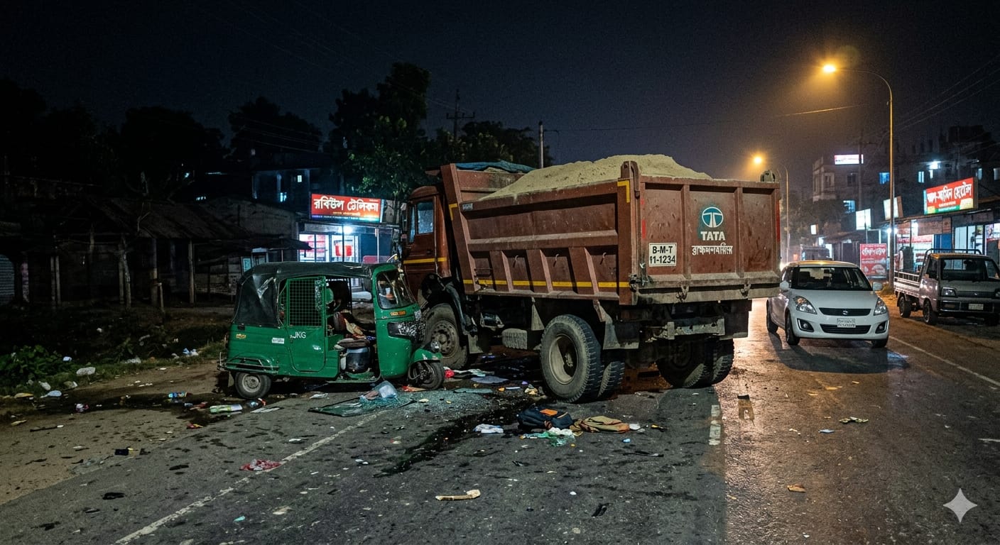 Drum truck hits truck in Brahmanbaria CNG driver killed