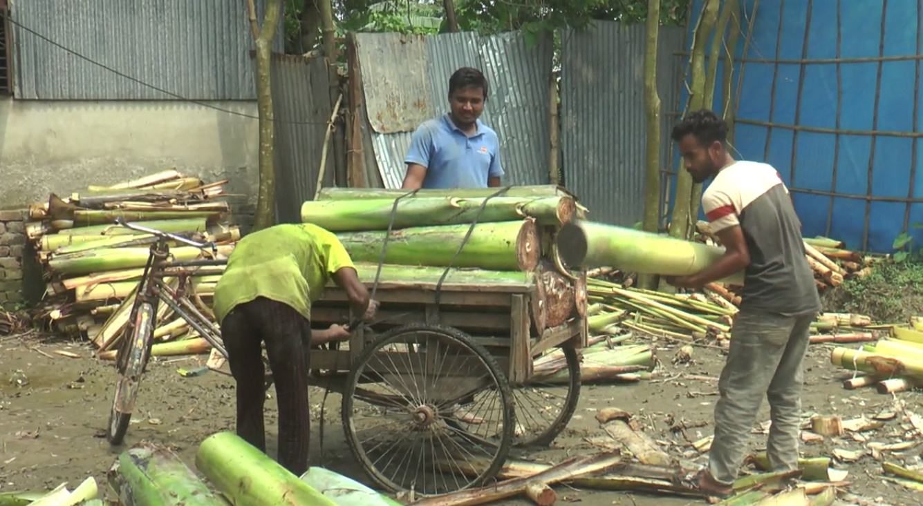 Yarn being made from banana trees in Gaibandha