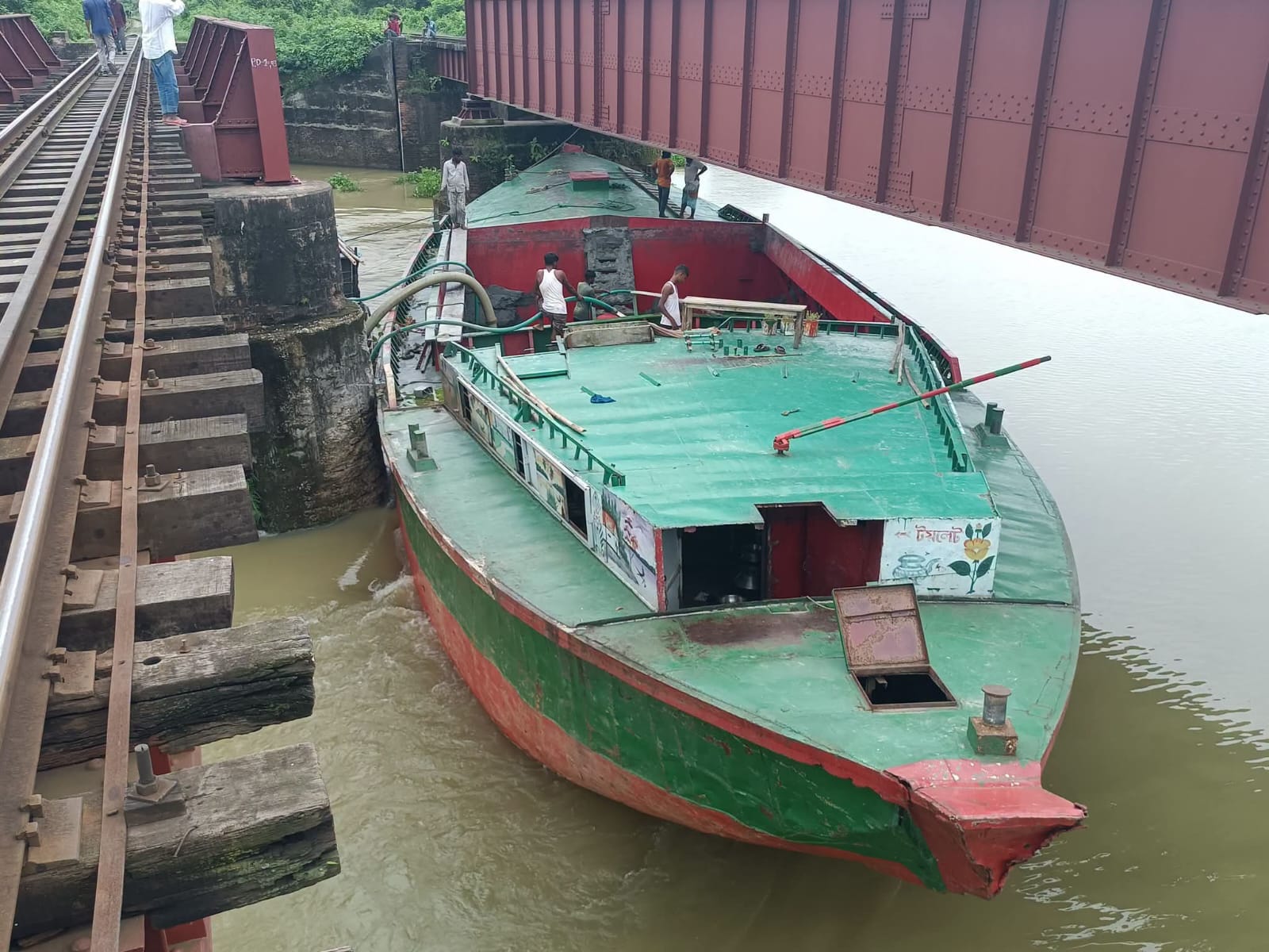 Railway bridge damaged by sand-laden bulkhead in Brahmanbaria, major accident feared
